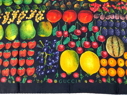 GUCCI Fruits Medley Multicolor Silk Scarf, Italy: GUCCI vintage Fruit Medley scarf in black with brilliant color fruits. Like new. 34.5 x 34 in. Made in Italy Circa 1970-80s . Featuring Hand rolled edges, Colorful fruits on black twill silk -