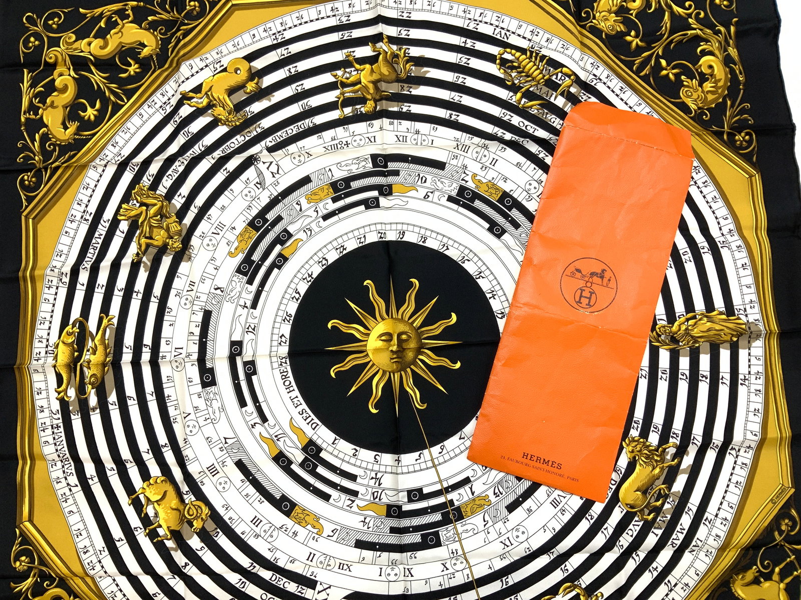 HERMES PARIS Zodiac Dies et hore Silk Scarf, NIP: The Hermes Hermes Scarf Dies et hore Zodiac Astrology Hermes Scarf originally designed in 1963 by Francoise Faconnet. This is one of the bestselling Hermes designs ever, inspired by a Renaissance-era