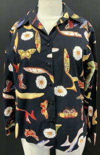 Salvatore Ferragamo Cotton Shirt, Italy: Salvatore Ferragamo vintage long sleeve cotton shirt, black with colorful daisy, shoe, and moth print. Italian size 40. 23.5 in. Long, waist 38-39 in. Very light blemish near button. Made in Italy Clo