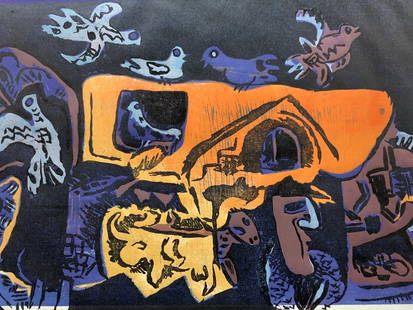 Signed Das Dorf II Surrealist Lino Cut, 1970: Signed on lower margin in graphite, titled Das Dorf III, Lino cut, 30/32, possibly signed W.Basodorf 1970. Depicts a surrelaist landscape with animals and birds with an orange form in the center. Come