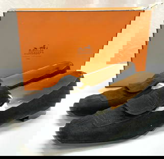 HERMES Black Suede Loafers with Orig Box, Italy: Hermes black suede loafers. Designer label embossed to insole and outsole. Size 40.5. Some wear to outsole scratching and scuffing, some wear to insole including scratching observed. Includes original