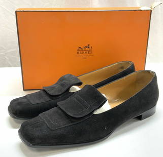 HERMES Black Suede Loafers with Orig Box, Italy: Hermes black suede loafers. Designer label embossed to insole and outsole. Size 40.5. Some wear to outsole scratching and scuffing, some wear to insole including scratching observed. Includes original