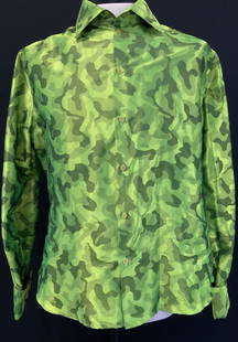 Gianni Versace Cotton/ Silk Camouflage Shirt ITALY: Lime Green Metallic camouflage shirt, labeled designer Gianni Versace with serial number. Made in Italy. 64% cotton, 36% silk. Wide rolled cuffs. Wide collar. Sizing 29 in. long, 44 in. waist, sleeves