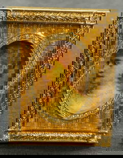FABERGE Guilloche Yellow Enamel Picture Frame: FABERGE gold tone Guilloche and yellow enamel with crystal decoration picture frame. Signed to underside. Measures approx. 2 1/8 x 1 5/8 inches. Some surface wear including scratching observed. Faberg