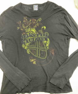 Jean Paul GAULTIER Cotton Embroidered Shirt, Italy: Black Jean Paul GAULTIER long sleeve cotton Tee Shirt with line green and brown embroidery on front and embroidered designer name ? Jean?s Paul GAULTIER?. Org label attached. Flared cuffs, a very soft