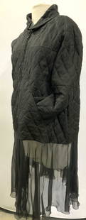 CHANEL Quilt Pattern Silk Jacket, France: All silk black CHANEL jacket with Diane quilted pattern and sheer silk extending from hem of jacket.,Spring Collection , Org label affixed with serial number. Size 50. Jacket Zippers , has a flowy she