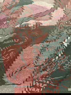 Signed Das Dorf II Surrealist Lino Cut, 1971: Signed on lower margin, possibly signed W. Basodorf, 1971, titled Das Dorf II. Linolschnitt 6/10, 1/3 Depicts a man in a surrealist background in tones of purple. Comes with matting, no frame or glass