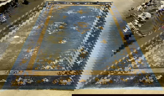 Vintage Room Sz Handmade Chinese Art Deco Wool Rug: Rug is handmade and wool pile. Piece is vintage possibly antique. Rug is Chinese Art deco. Piece is room sized. Rug has intricate multi toned floral, vase, leaf & bird detail. Measures approx. 136 inc