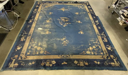 Vintage Room Sz Handmade Chinese Art Deco Wool Rug: Rug is handmade and wool pile. Piece is vintage possibly antique. Rug is Chinese Art deco. Piece is room sized. Rug has intricate multi toned floral, vase, leaf & bird detail. Measures approx.