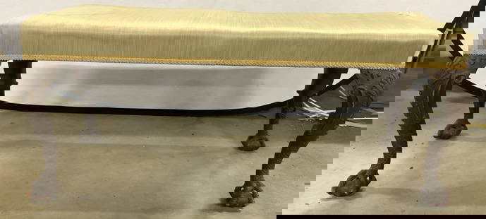 Ball & Claw Foot Uph French Baroque Bench: Bench is vintage. Piece is French Baroque. Bench have light olive toned striped upholstery with gold toned gimp edges. Piece has brown toned carved wooden ball & claw feet. Bench measures approx 41 in
