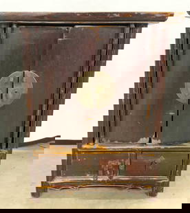 Antique Wooden Hand Crafted Korean Cabinet: Cabinet is antique Korean. Piece is wooden, appears to be hand crafted. Interior has 2 wooden shelves. Lower area has 2 drawers, each with hand dovetailing. Cabinet has dark slate silver toned metal h