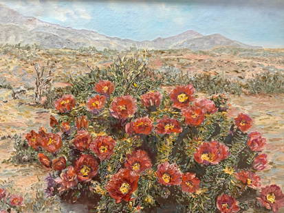 Yvonne D.Schwartz Sgd Floral Oil Painting 1980 4ft: Signed on lower right corner Yvonne D.Schwartz, 80 Depicts a landscape with a red flower bush in the foreground with a vast field in the distance. Framed in a gold metal and wooden frame. Approx 3ft x