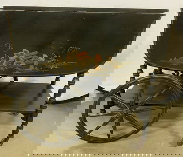 Atq Asian Chinoiserie Drop Leaf Lacquered Tea Cart: Tea cart is antique. Piece is black toned lacquered wood. Tea cart has 2 spoked wheels. Piece has hand painted figural detail dressed in traditional Asian clothing with landscape in background. Tea ca