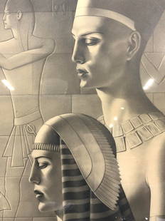 Alexander De Canedo SGND Egyptian Graphite Drawing: Signed on lower left corner and backside Alexander De Canedo. The ritual. Depicts the possibly Nefertiti with another female figure with stone wall with hieroglyphics etched in to the background. Fram