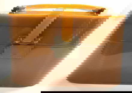 Bakelite Portable Jewelry Box/ Purse w Mirror: Vintage bakelite portable Jewelry box or purse with a carry Handle, latch lifts down to rebel shallow compartment with mirror. brass push latch opens for a deeper compartment,( 1 in depth/ 2.25 in dep