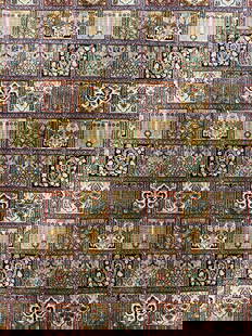 Vintage Handmade Fringed Silk Oriental Rug: Piece is silk with cream toned knotted fringes at edges. Rug has intricate multi toned floral. Piece measures approx 150 inches long 106 inches wide Consigner originally purchased in India. Rug, handm