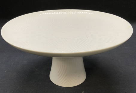 Royal Copenhagen Salto Porcelain Cake Stand: Royal Copenhagen Axel Salto white porcelain cake stand. Patterned and textured design to plate and base. Measures approx. 9.75 x 5 inches. Trademarked to underside. Some surface wear including scratch