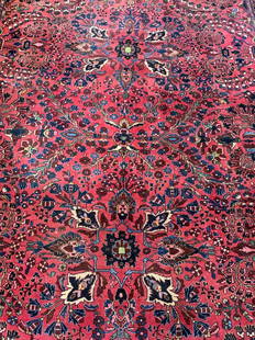 Antq Handmade Persian Rm Sz Wool Rug: Rug is handmade and wool. Piece is vintage possibly antique. Rug is Persian. Piece has intricate multi toned floral motif detail. Rug is room sized. Edges have short cream toned fringes. Rug measures