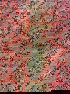 Antq Handmade Persian Oversized Wool Rug: Rug is handmade and wool. Piece is vintage possibly antique. Rug is Persian. Piece has intricate multi toned floral motif detail. Rug is oversized. Edges have short cream toned fringes. Rug measures a