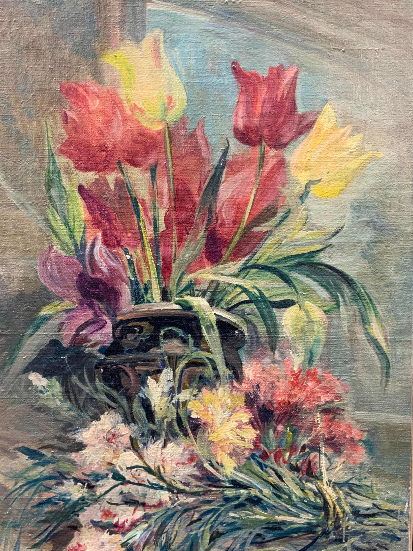M.Proust Signed Vtng Floral Oil Painting: Signed on lower left corner, possibly reads M.ProustPossibly antique Depicts a vase with red, pink and yellow roses with a bouquet of flowers on the table. No frame. Approx 30 x 18 inchesProperty of M