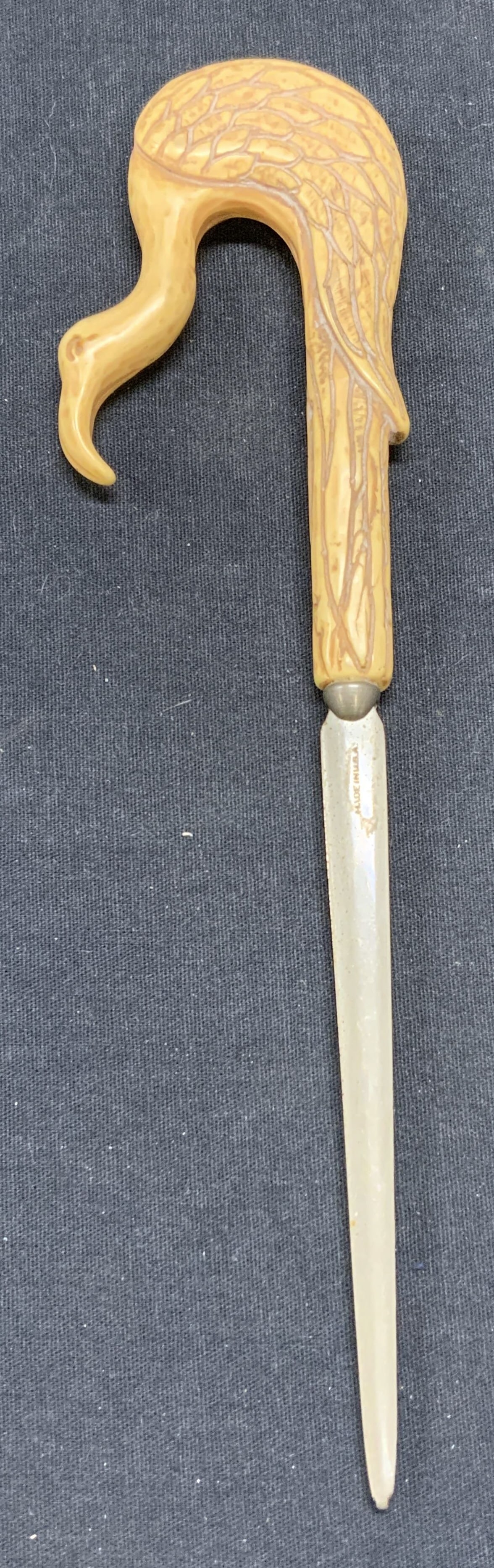 Vintage Carved Bone Crane Letter Opener, USA: Vintage carved bone handle crane form letter opener. Made in USA. Measures approx. 9.25 x 2.25 inches. Some surface wear including scratching observed. Letter opener, crane letter opener, bird letter 