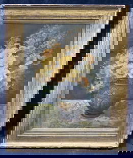 A.Sarnowiez Antique Floral Oil Painting, 1928: Signed in lower right corner A.Sarnowiez, 28 Subject depicts a vase on a table with yellow Flowers Framed in gold metal leafed wooden frame Approximately 24.75 x 20.75 inches window measures 19 x 15 i