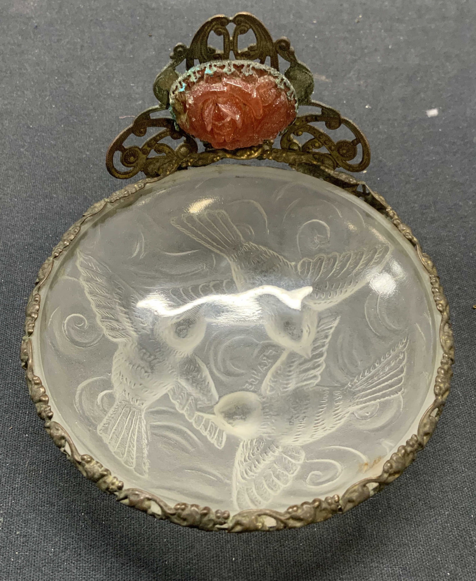 Antq French Ormolu Frosted Glass Bird Trinket Dish (1 of 8)