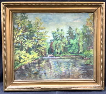 Jitka Zidlicka Signed Vntg Landscape Oil Painting: Signed in lower right corner Jitka Zidlicka Subject depicts a landscape with a center lake and tall trees in the distance Framed in gold metal leafed wooden frame Approximately19.5 x 22.5 inches windo