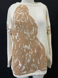 Barbara Auguadro Cotton Sweater w Spaniel Dog: Custom luxury sweater with one of a kind designs, this Barbara Auguadro Size Medium cotton knit sweater has a taupe English spaniel dog and paw prints. One of a kind design. Made in USA. Labeled Custo