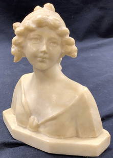 Signed Banchuoi Carved Marble Female Bust: Signed on backside of base, possibly reads Banchuoi Vintage carved marble sculpture of a bust of a woman with her hair wrapped up and wearing a low blouse. Approx 6 inches tall. 5.5 inches wide by