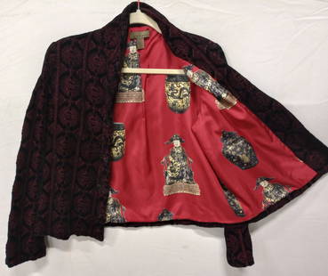 HARARI Velvet & Silk Asian Jacket, USA: Embroidered black rayon (velvet) jacket with silk lining. Size small. 3 Fabric Asian style buttons, thin shoulder pads sewn in lining, 23 in. Long. Made in the USA Asian Style Cocktail jacket, Ladies