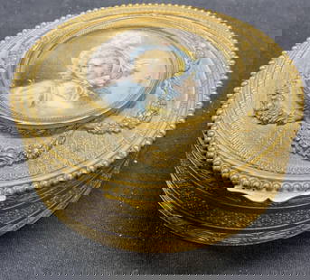 Antqu Lagarde French Gilt Hand Painted Powder Box: Gilt , possibly bronze and hand painted powder / jewelry box. Raised floral design. Glass insert on lid with hand painted female figure, signed Lagarde, appears to be French artist Pierre Lagarde, Fre