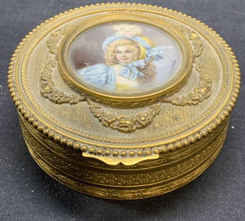 Antqu Lagarde French Gilt Hand Painted Powder Box: Gilt , possibly bronze and hand painted powder / jewelry box. Raised floral design. Glass insert on lid with hand painted female figure, signed Lagarde, appears to be French artist Pierre Lagarde, Fre