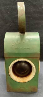 Antique Chalwyn Railway Lantern, England: Antique 20th century English Chalwyn railway lantern. Green enameled Metal. Made in England. Antique English warning lantern used in early railways as warning signals. Surface wear including loss to e