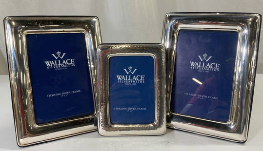 Sterling Silver Set 3 WALLACE SILVERSMITHS Frames: Each picture frame is sterling silver & trademarked WALLACE SILVERSMITHS. Frames each have navy toned felt backsides. Larger 2 frames measure approximately 8 inches tall 6 inches wide, smaller frame 6