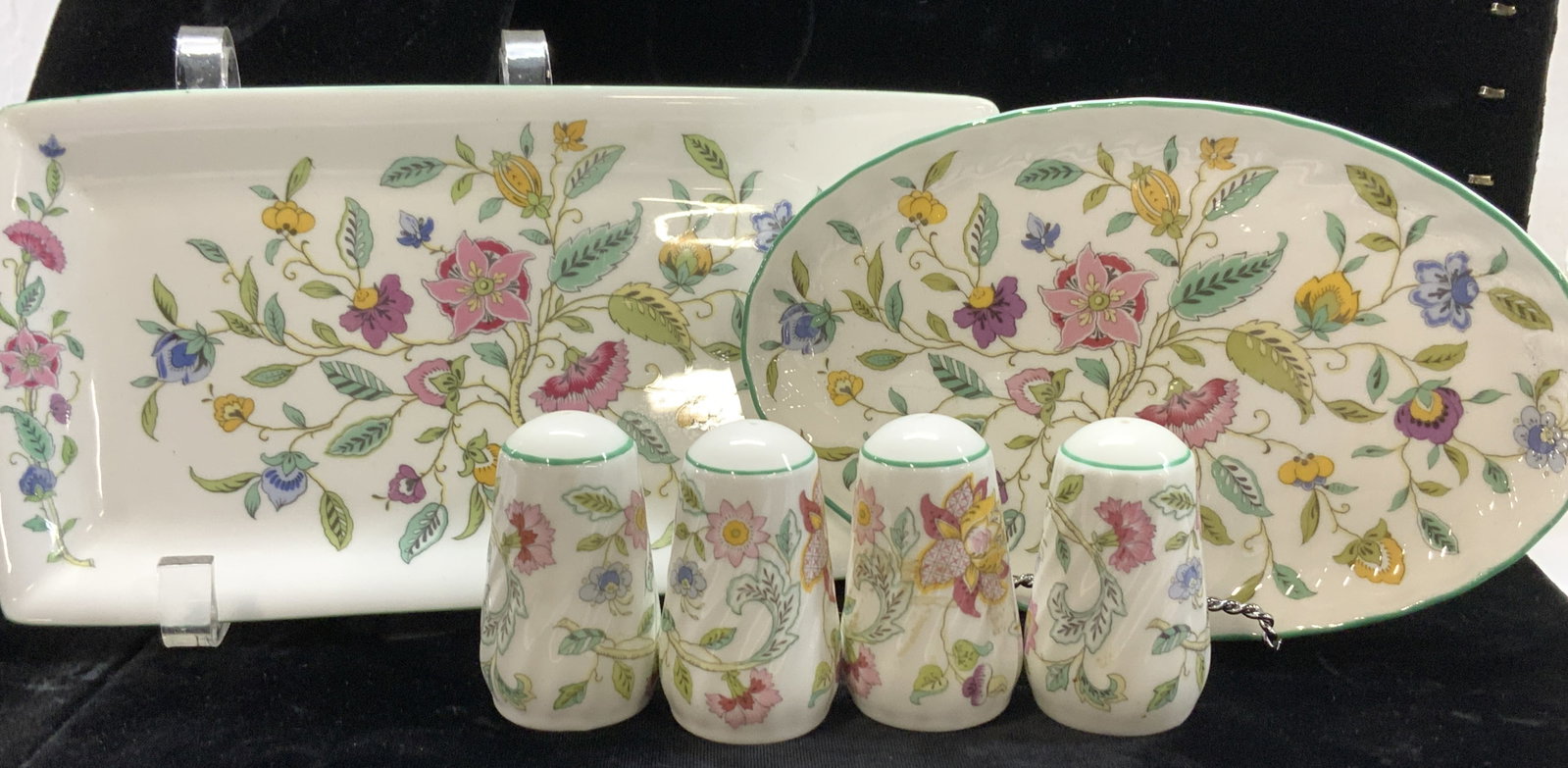 Minton Haddon Hall Porcelain Tableware,6 England: Minton Haddon Hall Pattern. Bright white porcelain with French country florals. Pattern # B 1451. Oval serving platter (8.75 x 5.5 in.), rectangular serving platter ( 11 1/8 x 5.25 in.) and 4 salt and
