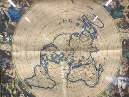 Antique Stlye FlatEarth HandColored Map Lithograph: Antique style flat earth map lithograph with hand colored elements. Depicting the center map of the earth with continents and countries labeled as Amerique, Afrique, Eirope. Map is flanked on either s