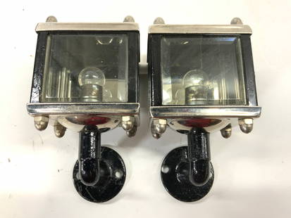 ROLLS ROYCE Atq Automobile Carriage Headlight Lamps: Lot includes 2 Automobile Carriage Coach lamps Each piece is vintage possibly antique. Lamps are black & silver toned metal each with 2 beveled glass panels. Each measures appears 5.25 inches tall 2.7