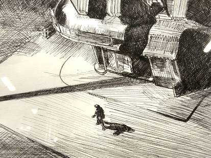ATTR Hopper Signed Graphite & Ink Street Scene: Signed in lower right corner in graphite, Edward Hopper Subject depicts a line figure walking an empty street at night with dark shadows from the street lights. Framed in black wooden frame with off w