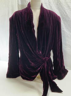 Donna Karen Plush Silk Blend Evening Jacket: Eggplant toned evening / cocktail jacket ,,labeled Donna Karen ( partially ripped label). Plush rayon velour with 100% silk lining. Size 14 . Off center tie belt. 27 in. Long. Property of Manhattan es