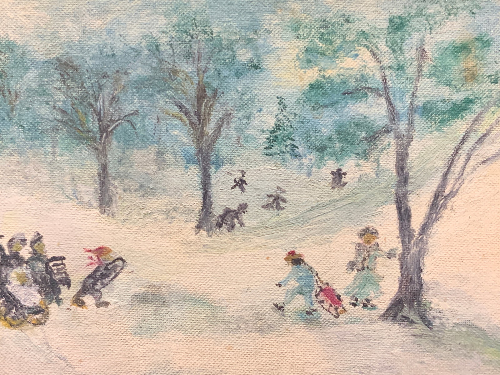 Vntg Children Playing Snow Landscape Oil Painting: Vintage oil painting, no apparent signature or date.Landscape painting of children playing in the snow with sleds, while other have a snowball fight in the background. No frame Approx 6 x 8 inches.Mod