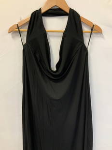 CELINE Black Halter Dress, Italy: Celine black halter dress, with cowl neck and low cowl draped backside. Size Large. 54 in. Long. Waist / hips max 40 in. Made in Italy. Possibly acetate. Celine long black maxi dress, Celine wearables