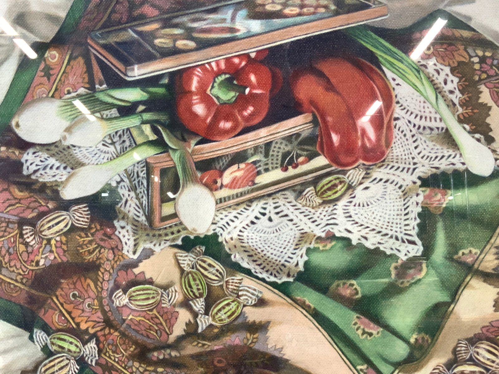 Walder Signed Still Life Pastel Drawing, 1993: Signed on lower left corner Walder 93. Sticker on verso indicate framing was at Larchmont Art and was framed with conservation glass. Depicts a still life of a jewelry box filled with red peppers and 