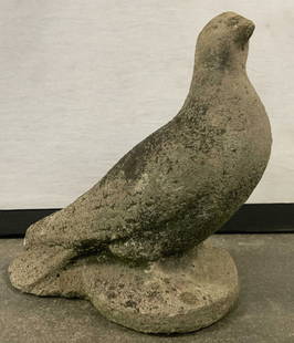 Vintage Stone Bird Garden Statuary: A vintage stone possibly cement bird garden statuary. Wings are folded at the birds back. The bird is looking off to one side. Measures approx. 6.5H x 6.5D x 3W in. Some chipping present. Some wear co