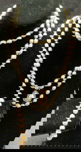 Lot 3 14K Gold, Diamond, Pearl Necklace & More: Lot of 3 jewelry pieces. White toned pearl necklace on double knotted string. Measures approx. 36 inches long. Pearls approx. 3/8 inches long. White toned pearl necklace on double knotted string with