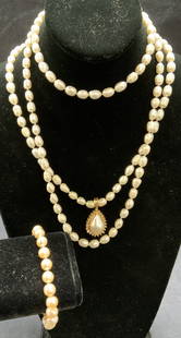 Lot 3 14K Gold, Diamond, Pearl Necklace & More: Lot of 3 jewelry pieces. White toned pearl necklace on double knotted string. Measures approx. 36 inches long. Pearls approx. 3/8 inches long. White toned pearl necklace on double knotted string with