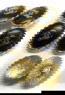 3 Black and Gold Tn CHANEL CC Cufflinks: 1 pair of Chanel black and gold tone cufflinks with CC in center , signed CHANEL on verso with copyright symbol. 15 mm diameter . 1 brushed gold tone CHANEL cufflinks with CC in center, signed CHANEL