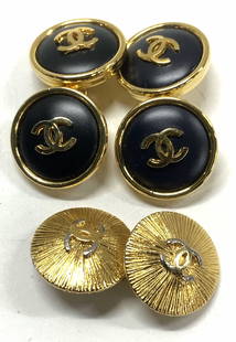 3 Black and Gold Tn CHANEL CC Cufflinks: 1 pair of Chanel black and gold tone cufflinks with CC in center , signed CHANEL on verso with copyright symbol. 15 mm diameter . 1 brushed gold tone CHANEL cufflinks with CC in center, signed CHANEL