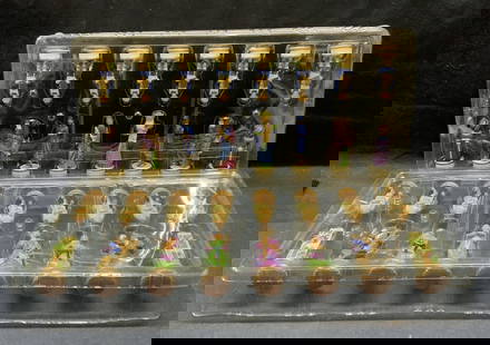 PURIM Judaica Figural Chess Piece Set, 32 NIB: Purim Gift Collection figural chess piece set. New in box. Set includes 32 pieces. Characters includes Mordechai, Esther, Pharvona, Haman, Jewish children, Achashverosh, Vashti, and Hamans sons. Large