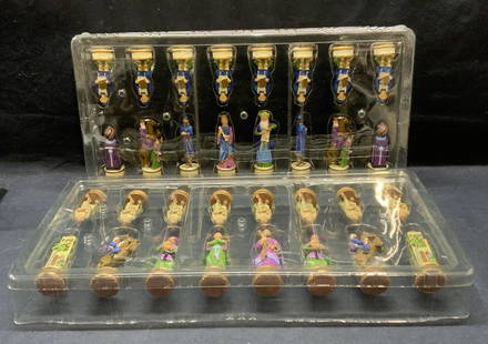 PURIM Judaica Figural Chess Piece Set, 32 NIB: Purim Gift Collection figural chess piece set. New in box. Set includes 32 pieces. Characters includes Mordechai, Esther, Pharvona, Haman, Jewish children, Achashverosh, Vashti, and Hamans sons. Large